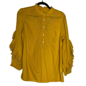 J. Crew Mustard Long Sleeve Size Small Women's Ruffle Sleeves 100% Cotton Eyelet